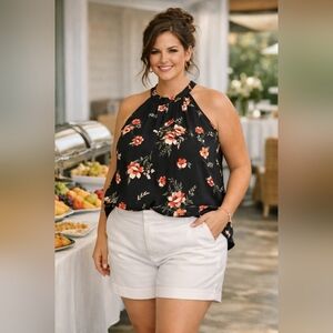 torrid Black Floral Halter Camisole with Pink & Coral Bloom Size 3